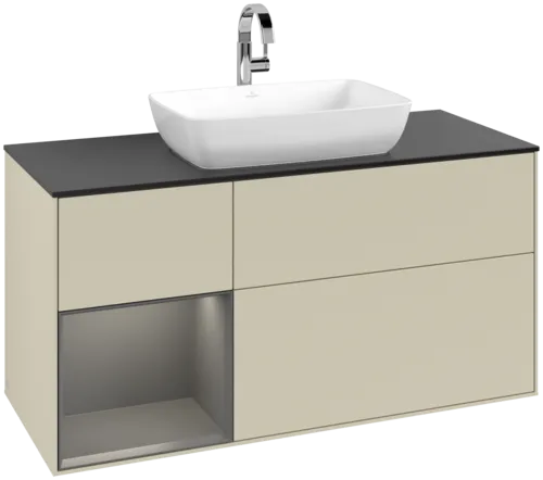Picture of VILLEROY BOCH Finion Vanity unit, with lighting, 3 pull-out compartments, 1200 x 603 x 501 mm, Silk Grey Matt Lacquer / Anthracite Matt Lacquer / Glass Black Matt #F822GKHJ