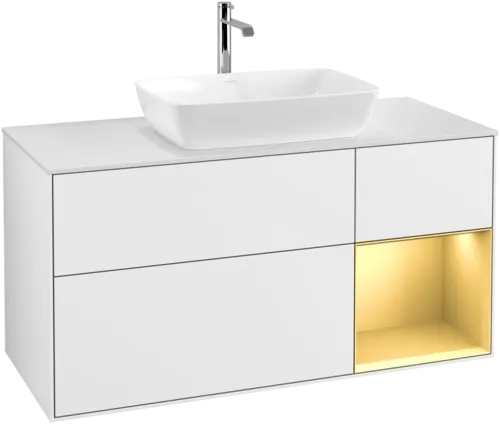 Picture of VILLEROY BOCH Finion Vanity unit, with lighting, 3 pull-out compartments, 1200 x 603 x 501 mm, Glossy White Lacquer / Gold Matt Lacquer / Glass White Matt #F831HFGF
