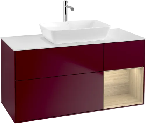 Picture of VILLEROY BOCH Finion Vanity unit, with lighting, 3 pull-out compartments, 1200 x 603 x 501 mm, Peony Matt Lacquer / Oak Veneer / Glass White Matt #F831PCHB
