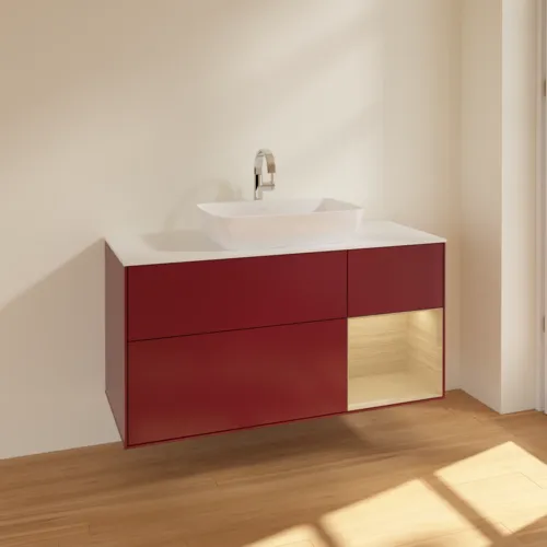 Bild von VILLEROY BOCH Finion Waschbeckenunterschrank, mit Beleuchtung, 3 Auszüge, 1200 x 603 x 501 mm, Peony Matt Lacquer / Oak Veneer / Glass White Matt #F831PCHB