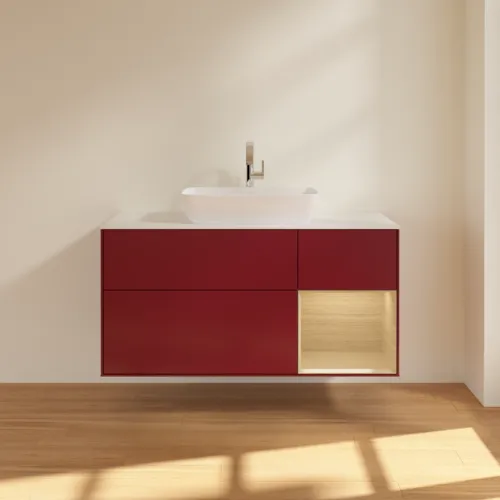 Bild von VILLEROY BOCH Finion Waschbeckenunterschrank, mit Beleuchtung, 3 Auszüge, 1200 x 603 x 501 mm, Peony Matt Lacquer / Oak Veneer / Glass White Matt #F831PCHB