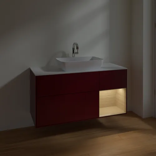 Bild von VILLEROY BOCH Finion Waschbeckenunterschrank, mit Beleuchtung, 3 Auszüge, 1200 x 603 x 501 mm, Peony Matt Lacquer / Oak Veneer / Glass White Matt #F831PCHB
