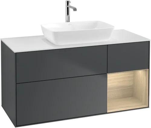 Picture of VILLEROY BOCH Finion Vanity unit, with lighting, 3 pull-out compartments, 1200 x 603 x 501 mm, Midnight Blue Matt Lacquer / Oak Veneer / Glass White Matt #F831PCHG