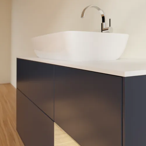 Obrázek VILLEROY BOCH Toaletní skříňka Finion, s osvětlením, 3 výsuvy, 1200 x 603 x 501 mm, matný lak Midnight Blue / dubová dýha / matné bílé sklo #F831PCHG