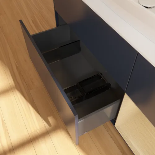 Obrázek VILLEROY BOCH Toaletní skříňka Finion, s osvětlením, 3 výsuvy, 1200 x 603 x 501 mm, matný lak Midnight Blue / dubová dýha / matné bílé sklo #F831PCHG