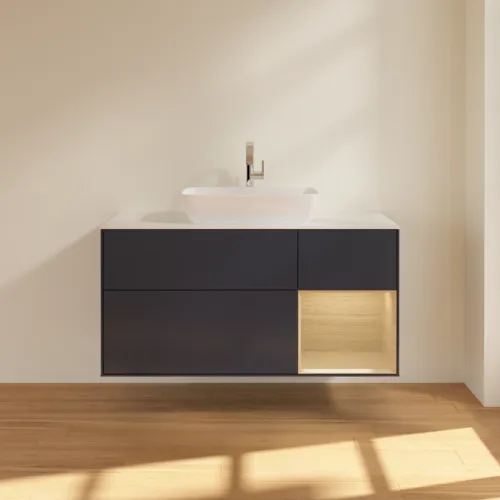 Obrázek VILLEROY BOCH Toaletní skříňka Finion, s osvětlením, 3 výsuvy, 1200 x 603 x 501 mm, matný lak Midnight Blue / dubová dýha / matné bílé sklo #F831PCHG