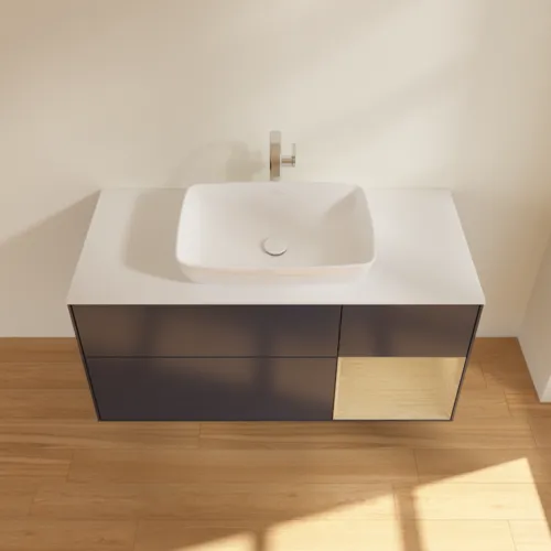 Obrázek VILLEROY BOCH Toaletní skříňka Finion, s osvětlením, 3 výsuvy, 1200 x 603 x 501 mm, matný lak Midnight Blue / dubová dýha / matné bílé sklo #F831PCHG