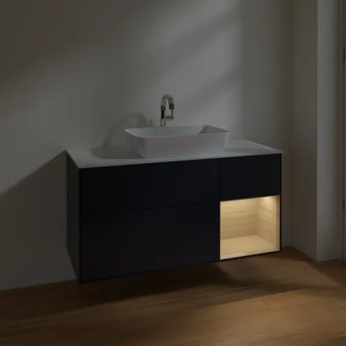 Obrázek VILLEROY BOCH Toaletní skříňka Finion, s osvětlením, 3 výsuvy, 1200 x 603 x 501 mm, matný lak Midnight Blue / dubová dýha / matné bílé sklo #F831PCHG
