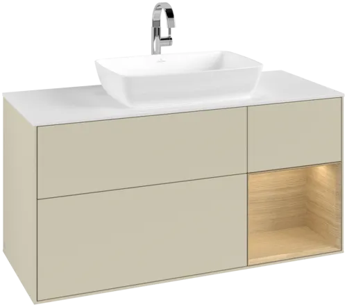 Picture of VILLEROY BOCH Finion Vanity unit, with lighting, 3 pull-out compartments, 1200 x 603 x 501 mm, Silk Grey Matt Lacquer / Oak Veneer / Glass White Matt #F831PCHJ