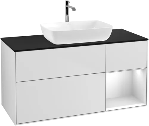 Picture of VILLEROY BOCH Finion Vanity unit, with lighting, 3 pull-out compartments, 1200 x 603 x 501 mm, White Matt Lacquer / White Matt Lacquer / Glass Black Matt #F832MTMT