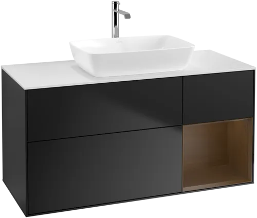 Picture of VILLEROY BOCH Finion Vanity unit, with lighting, 3 pull-out compartments, 1200 x 603 x 501 mm, Black Matt Lacquer / Walnut Veneer / Glass White Matt #F831GNPD