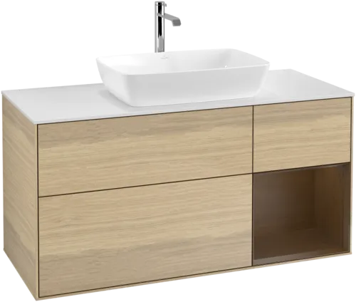 Picture of VILLEROY BOCH Finion Vanity unit, with lighting, 3 pull-out compartments, 1200 x 603 x 501 mm, Oak Veneer / Walnut Veneer / Glass White Matt #F831GNPC