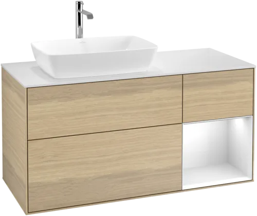 Picture of VILLEROY BOCH Finion Vanity unit, with lighting, 3 pull-out compartments, 1200 x 603 x 501 mm, Oak Veneer / Glossy White Lacquer / Glass White Matt #F811GFPC