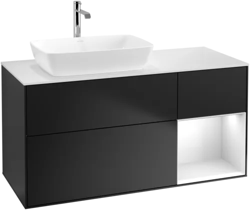Picture of VILLEROY BOCH Finion Vanity unit, with lighting, 3 pull-out compartments, 1200 x 603 x 501 mm, Black Matt Lacquer / Glossy White Lacquer / Glass White Matt #F811GFPD