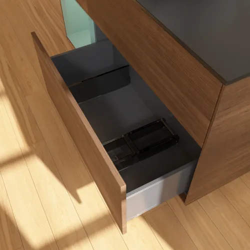 VILLEROY BOCH Finion Waschbeckenunterschrank, mit Beleuchtung, 3 Auszüge, 1200 x 603 x 501 mm, Walnut Veneer / Olive Matt Lacquer / Glass Black Matt #F822GMGN, Bild 7