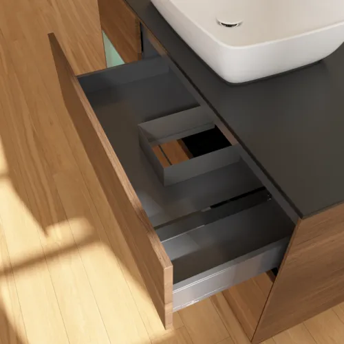 VILLEROY BOCH Finion Waschbeckenunterschrank, mit Beleuchtung, 3 Auszüge, 1200 x 603 x 501 mm, Walnut Veneer / Olive Matt Lacquer / Glass Black Matt #F822GMGN, Bild 8