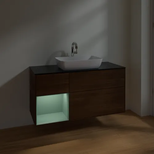 VILLEROY BOCH Finion Waschbeckenunterschrank, mit Beleuchtung, 3 Auszüge, 1200 x 603 x 501 mm, Walnut Veneer / Olive Matt Lacquer / Glass Black Matt #F822GMGN, Bild 5