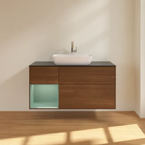 VILLEROY BOCH Finion Waschbeckenunterschrank, mit Beleuchtung, 3 Auszüge, 1200 x 603 x 501 mm, Walnut Veneer / Olive Matt Lacquer / Glass Black Matt #F822GMGN, Bild 3