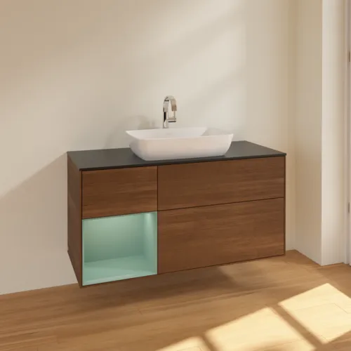 VILLEROY BOCH Finion Waschbeckenunterschrank, mit Beleuchtung, 3 Auszüge, 1200 x 603 x 501 mm, Walnut Veneer / Olive Matt Lacquer / Glass Black Matt #F822GMGN, Bild 2