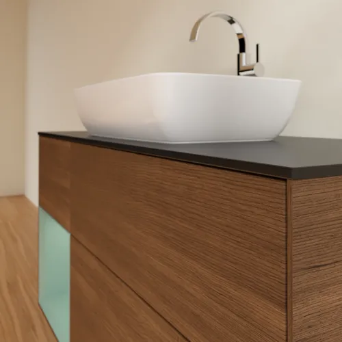 VILLEROY BOCH Finion Waschbeckenunterschrank, mit Beleuchtung, 3 Auszüge, 1200 x 603 x 501 mm, Walnut Veneer / Olive Matt Lacquer / Glass Black Matt #F822GMGN, Bild 6