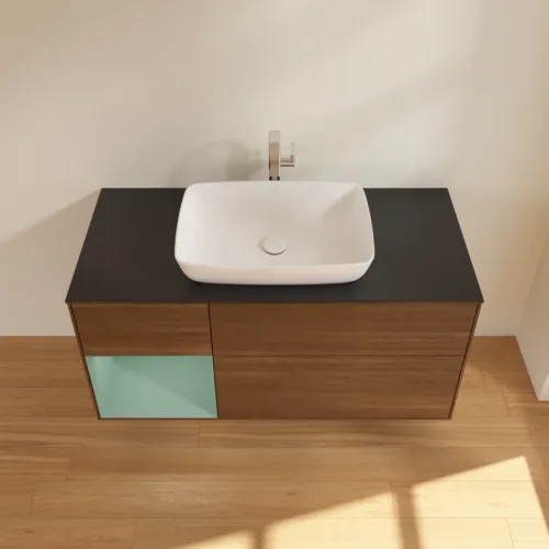 VILLEROY BOCH Finion Waschbeckenunterschrank, mit Beleuchtung, 3 Auszüge, 1200 x 603 x 501 mm, Walnut Veneer / Olive Matt Lacquer / Glass Black Matt #F822GMGN, Bild 4