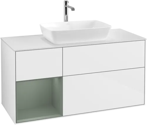 Picture of VILLEROY BOCH Finion Vanity unit, with lighting, 3 pull-out compartments, 1200 x 603 x 501 mm, Glossy White Lacquer / Olive Matt Lacquer / Glass White Matt #F821GMGF