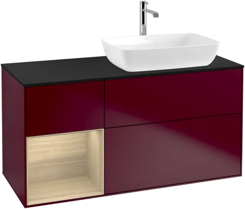 Picture of VILLEROY BOCH Finion Vanity unit, with lighting, 3 pull-out compartments, 1200 x 603 x 501 mm, Peony Matt Lacquer / Oak Veneer / Glass Black Matt #F802PCHB