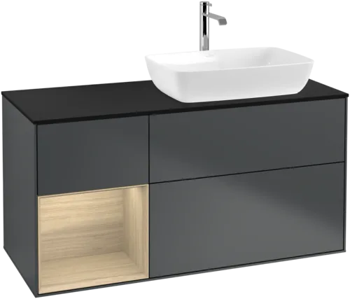 Picture of VILLEROY BOCH Finion Vanity unit, with lighting, 3 pull-out compartments, 1200 x 603 x 501 mm, Midnight Blue Matt Lacquer / Oak Veneer / Glass Black Matt #F802PCHG