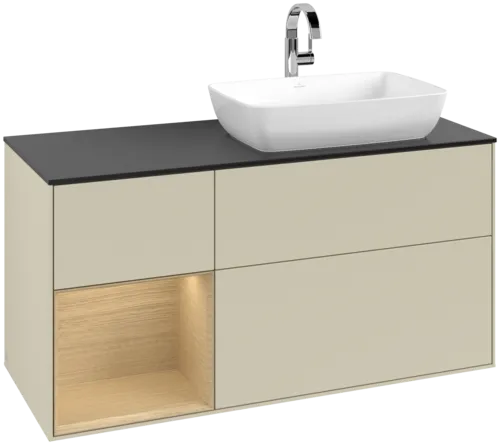 Picture of VILLEROY BOCH Finion Vanity unit, with lighting, 3 pull-out compartments, 1200 x 603 x 501 mm, Silk Grey Matt Lacquer / Oak Veneer / Glass Black Matt #F802PCHJ