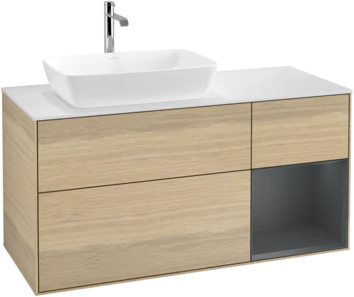 Picture of VILLEROY BOCH Finion Vanity unit, with lighting, 3 pull-out compartments, 1200 x 603 x 501 mm, Oak Veneer / Midnight Blue Matt Lacquer / Glass White Matt #F811HGPC