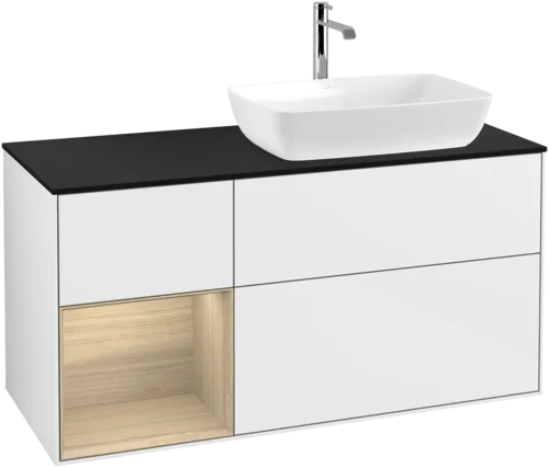 Picture of VILLEROY BOCH Finion Vanity unit, with lighting, 3 pull-out compartments, 1200 x 603 x 501 mm, Glossy White Lacquer / Oak Veneer / Glass Black Matt #F802PCGF