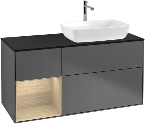 Picture of VILLEROY BOCH Finion Vanity unit, with lighting, 3 pull-out compartments, 1200 x 603 x 501 mm, Anthracite Matt Lacquer / Oak Veneer / Glass Black Matt #F802PCGK