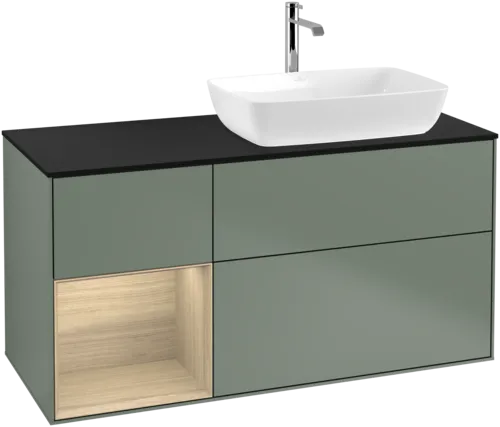 Picture of VILLEROY BOCH Finion Vanity unit, with lighting, 3 pull-out compartments, 1200 x 603 x 501 mm, Olive Matt Lacquer / Oak Veneer / Glass Black Matt #F802PCGM