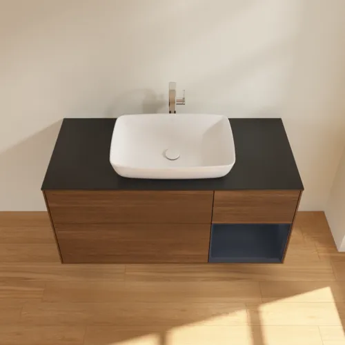 VILLEROY BOCH Finion Waschbeckenunterschrank, mit Beleuchtung, 3 Auszüge, 1200 x 603 x 501 mm, Walnut Veneer / Midnight Blue Matt Lacquer / Glass Black Matt #F832HGGN, Bild 4