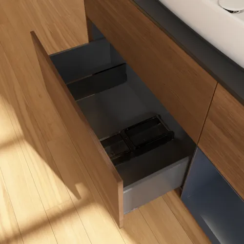 VILLEROY BOCH Finion Waschbeckenunterschrank, mit Beleuchtung, 3 Auszüge, 1200 x 603 x 501 mm, Walnut Veneer / Midnight Blue Matt Lacquer / Glass Black Matt #F832HGGN, Bild 7