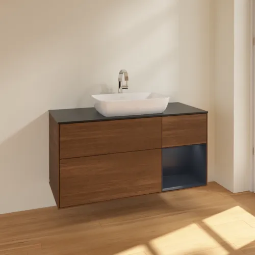 VILLEROY BOCH Finion Waschbeckenunterschrank, mit Beleuchtung, 3 Auszüge, 1200 x 603 x 501 mm, Walnut Veneer / Midnight Blue Matt Lacquer / Glass Black Matt #F832HGGN, Bild 2