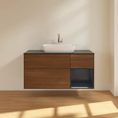VILLEROY BOCH Finion Waschbeckenunterschrank, mit Beleuchtung, 3 Auszüge, 1200 x 603 x 501 mm, Walnut Veneer / Midnight Blue Matt Lacquer / Glass Black Matt #F832HGGN, Bild 3