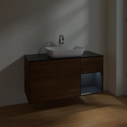 VILLEROY BOCH Finion Waschbeckenunterschrank, mit Beleuchtung, 3 Auszüge, 1200 x 603 x 501 mm, Walnut Veneer / Midnight Blue Matt Lacquer / Glass Black Matt #F832HGGN, Bild 5