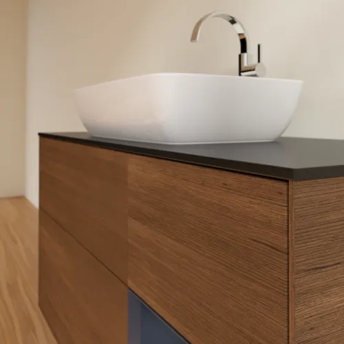 VILLEROY BOCH Finion Waschbeckenunterschrank, mit Beleuchtung, 3 Auszüge, 1200 x 603 x 501 mm, Walnut Veneer / Midnight Blue Matt Lacquer / Glass Black Matt #F832HGGN, Bild 6