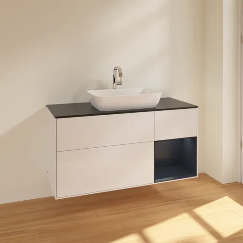 Bild von VILLEROY BOCH Finion Waschbeckenunterschrank, mit Beleuchtung, 3 Auszüge, 1200 x 603 x 501 mm, Glossy White Lacquer / Midnight Blue Matt Lacquer / Glass Black Matt #F832HGGF