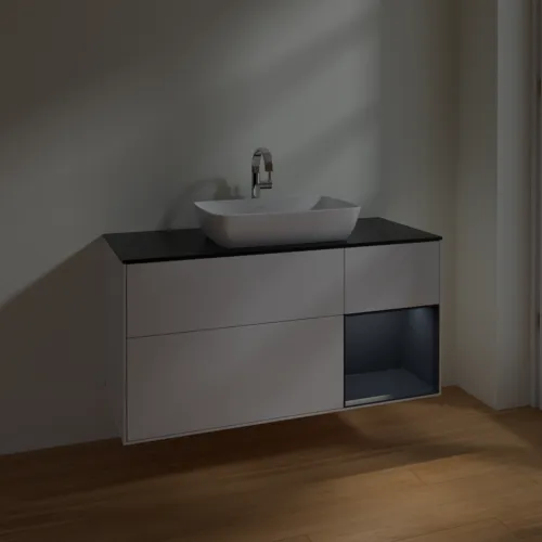 Bild von VILLEROY BOCH Finion Waschbeckenunterschrank, mit Beleuchtung, 3 Auszüge, 1200 x 603 x 501 mm, Glossy White Lacquer / Midnight Blue Matt Lacquer / Glass Black Matt #F832HGGF