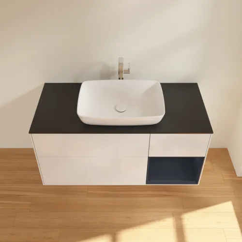 Bild von VILLEROY BOCH Finion Waschbeckenunterschrank, mit Beleuchtung, 3 Auszüge, 1200 x 603 x 501 mm, Glossy White Lacquer / Midnight Blue Matt Lacquer / Glass Black Matt #F832HGGF