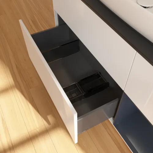 Bild von VILLEROY BOCH Finion Waschbeckenunterschrank, mit Beleuchtung, 3 Auszüge, 1200 x 603 x 501 mm, Glossy White Lacquer / Midnight Blue Matt Lacquer / Glass Black Matt #F832HGGF