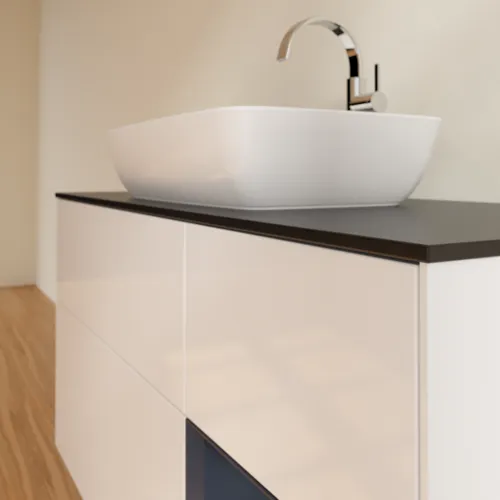 Bild von VILLEROY BOCH Finion Waschbeckenunterschrank, mit Beleuchtung, 3 Auszüge, 1200 x 603 x 501 mm, Glossy White Lacquer / Midnight Blue Matt Lacquer / Glass Black Matt #F832HGGF