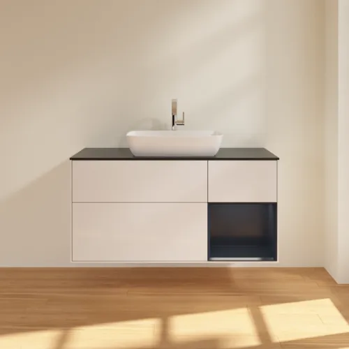 Bild von VILLEROY BOCH Finion Waschbeckenunterschrank, mit Beleuchtung, 3 Auszüge, 1200 x 603 x 501 mm, Glossy White Lacquer / Midnight Blue Matt Lacquer / Glass Black Matt #F832HGGF