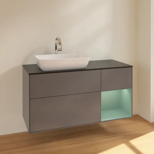 Bild von VILLEROY BOCH Finion Waschbeckenunterschrank, mit Beleuchtung, 3 Auszüge, 1200 x 603 x 501 mm, Anthracite Matt Lacquer / Olive Matt Lacquer / Glass Black Matt #F812GMGK