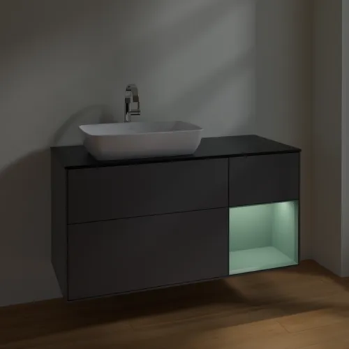 Bild von VILLEROY BOCH Finion Waschbeckenunterschrank, mit Beleuchtung, 3 Auszüge, 1200 x 603 x 501 mm, Anthracite Matt Lacquer / Olive Matt Lacquer / Glass Black Matt #F812GMGK