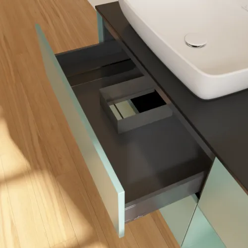 Bild von VILLEROY BOCH Finion Waschbeckenunterschrank, mit Beleuchtung, 3 Auszüge, 1200 x 603 x 501 mm, Olive Matt Lacquer / Olive Matt Lacquer / Glass Black Matt #F812GMGM