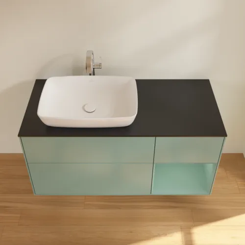 Bild von VILLEROY BOCH Finion Waschbeckenunterschrank, mit Beleuchtung, 3 Auszüge, 1200 x 603 x 501 mm, Olive Matt Lacquer / Olive Matt Lacquer / Glass Black Matt #F812GMGM