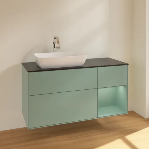 Bild von VILLEROY BOCH Finion Waschbeckenunterschrank, mit Beleuchtung, 3 Auszüge, 1200 x 603 x 501 mm, Olive Matt Lacquer / Olive Matt Lacquer / Glass Black Matt #F812GMGM